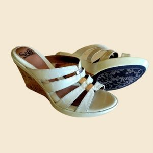 Rare Cream & Gold SOFFT Patent Leather Cork Wedge Sandals 9W 4" Heel Never Worn!